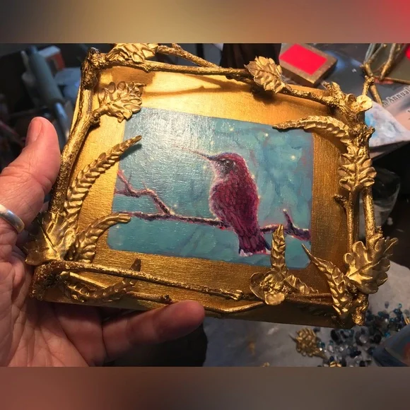 Magenta hummingbird original painting sculpture bird artwork Ooak fantasy art - Picture 3 of 8